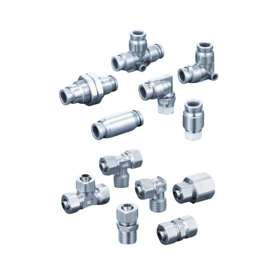 Imagen de conectores neumáticos SMC en acero inoxidable Inox 316, ideales para ambientes exigentes.