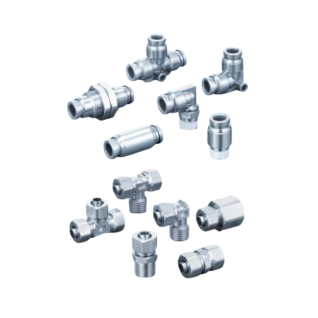 Imagen de conectores neumáticos SMC en acero inoxidable Inox 316, ideales para ambientes exigentes.