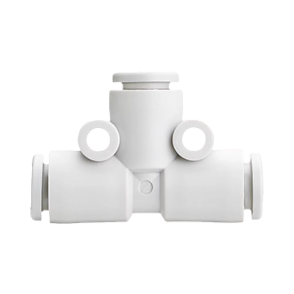 Imagen del conector neumático KQ2T-00 de SMC, tipo T para unir tres tubos con facilidad.