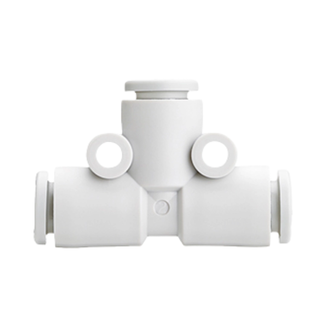Imagen del conector neumático KQ2T-00 de SMC, tipo T para unir tres tubos con facilidad.