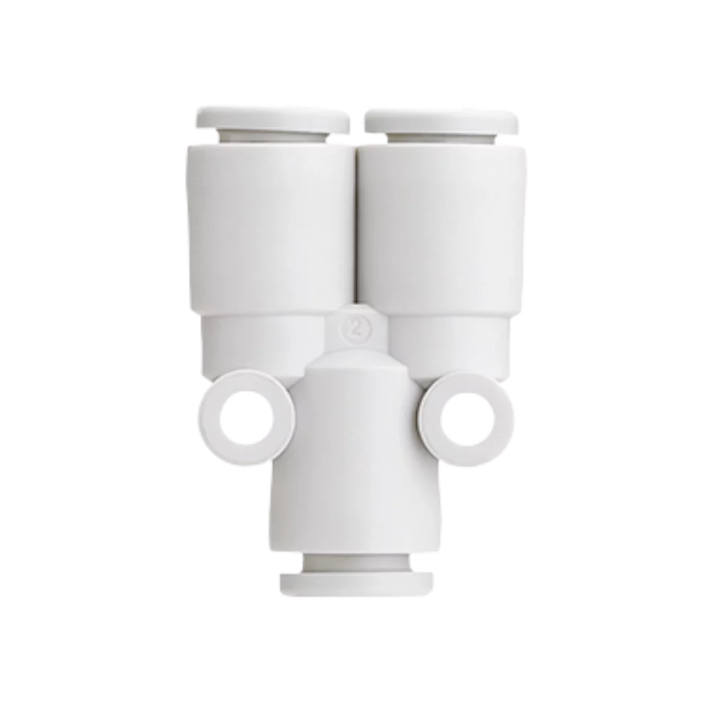 Imagen del conector neumático KQ2U-00 de SMC, tipo Y para dividir flujo entre tubos.