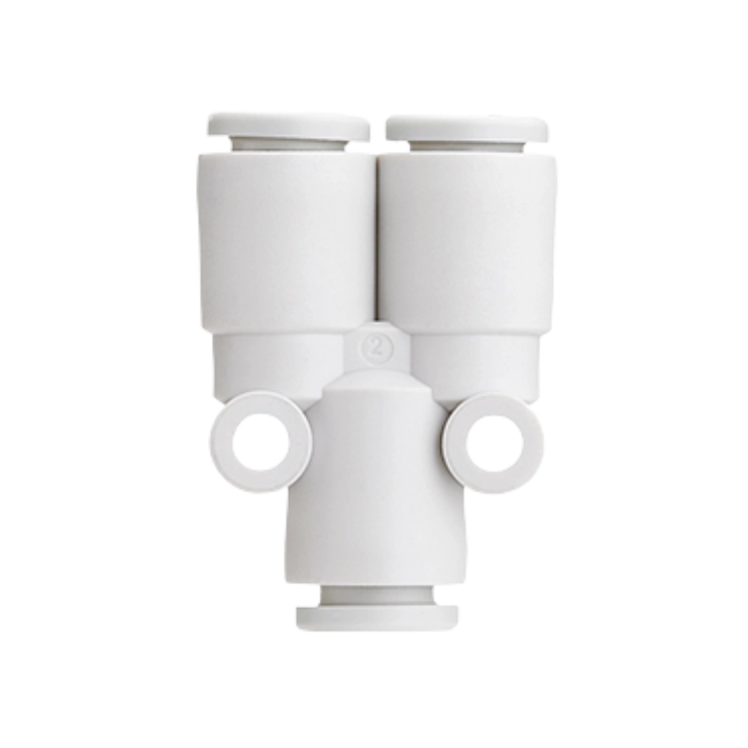 Imagen del conector neumático KQ2U-00 de SMC, tipo Y para dividir flujo entre tubos.