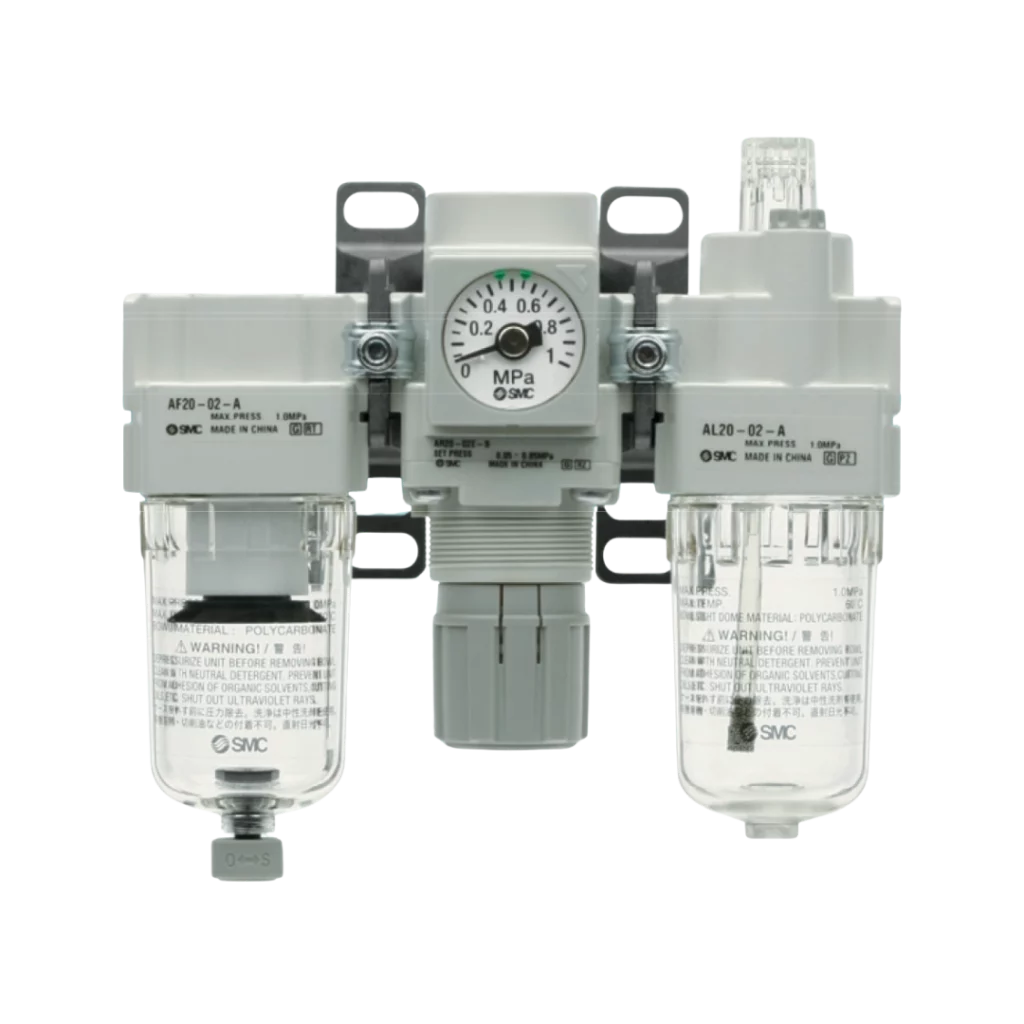 Imagen de unidad FRL de SMC, sistema combinado de filtro, regulador y lubricador para mantenimiento neumático.