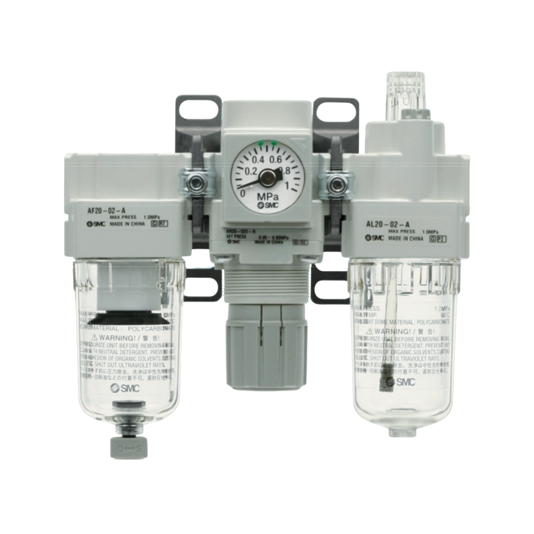Imagen de unidad FRL de SMC, sistema combinado de filtro, regulador y lubricador para mantenimiento neumático.